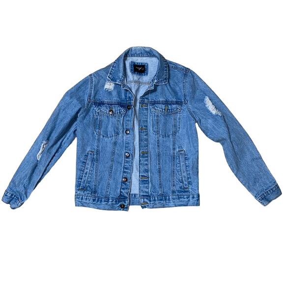Forever 21 Men Lightwash Distressed Denim Jean Jacket with pockets size small - Picture 2 of 7